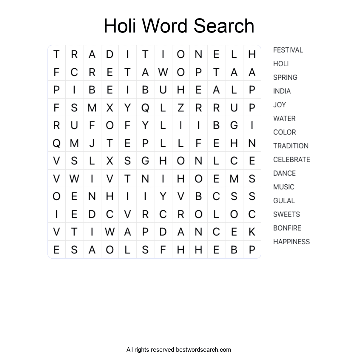 HOLI (SEASONAL AND HOLIDAYS) Word Search Puzzle