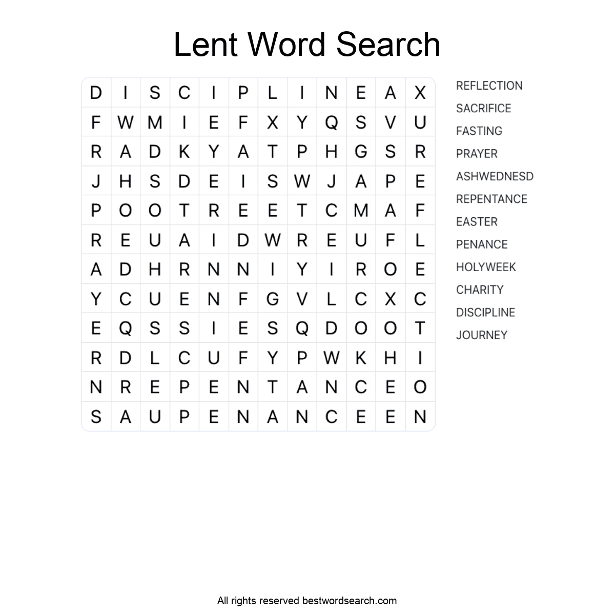 LENT (SEASONAL AND HOLIDAYS) Word Search Puzzle