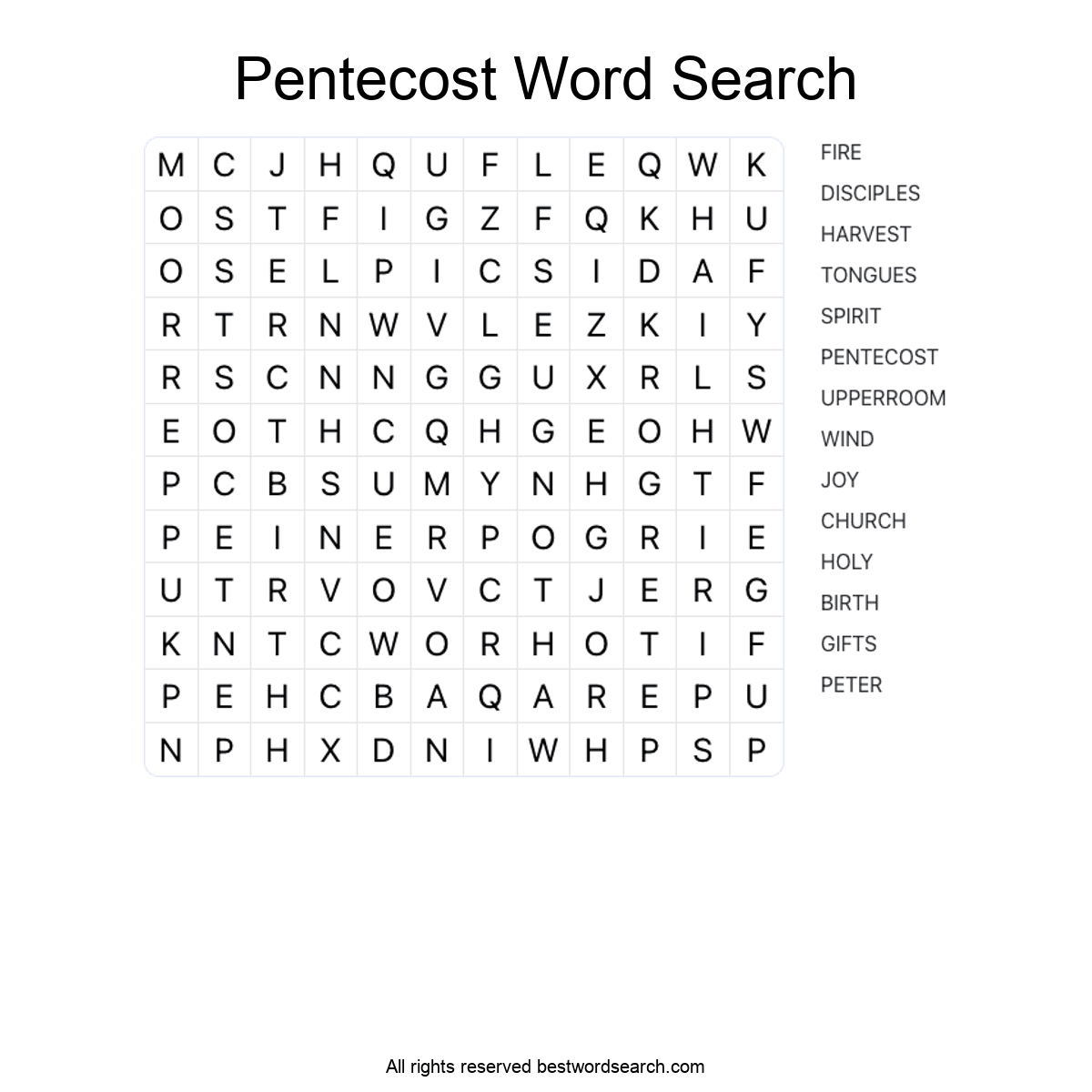 PENTECOST (SEASONAL AND HOLIDAYS) Word Search Puzzle