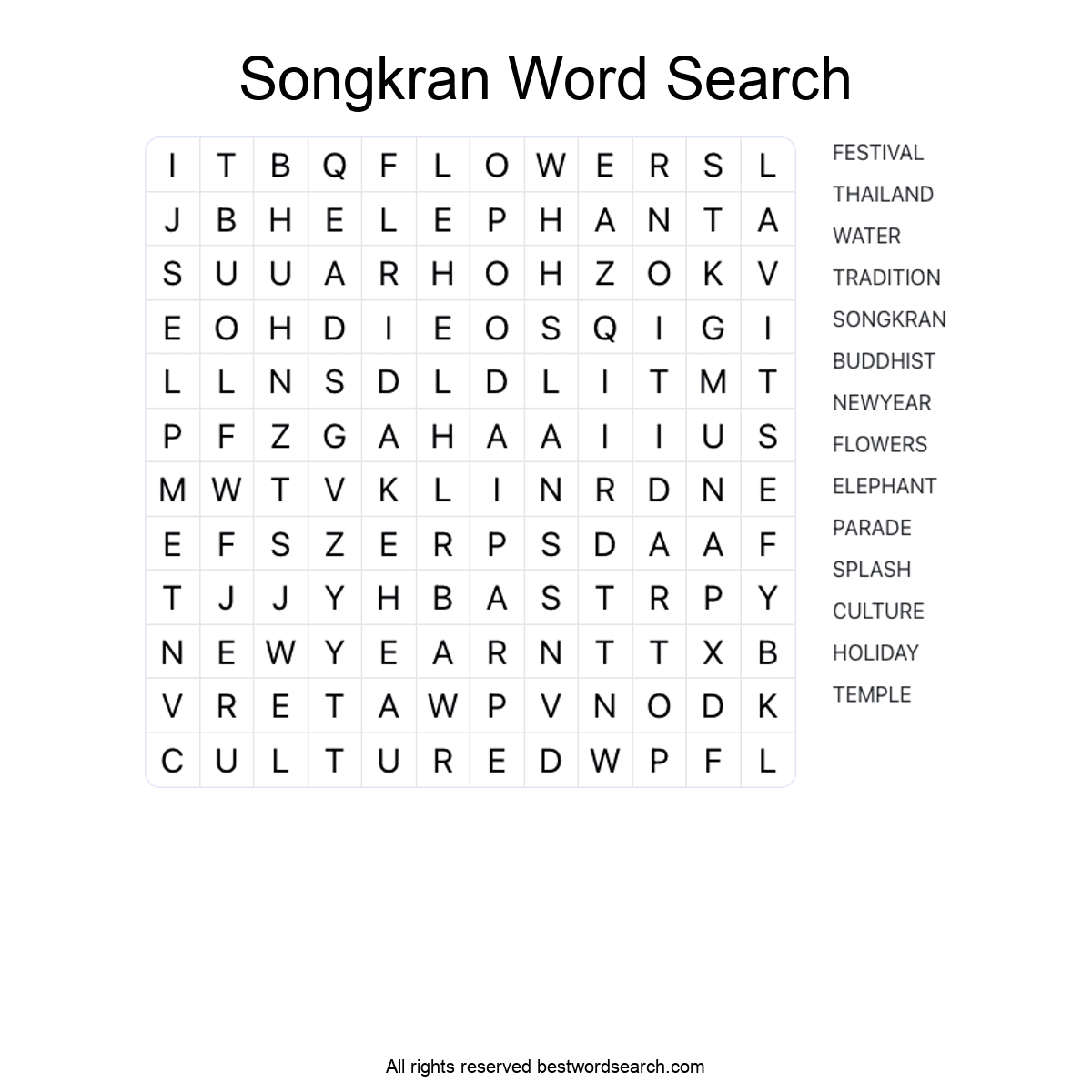 SONGKRAN (SEASONAL AND HOLIDAYS) Word Search Puzzle