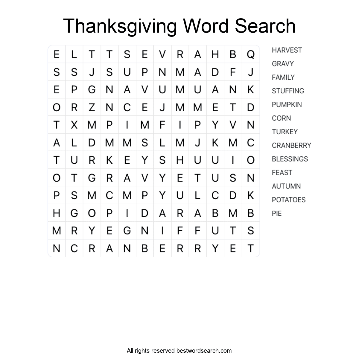 THANKSGIVING (SEASONAL AND HOLIDAYS) Word Search Puzzle