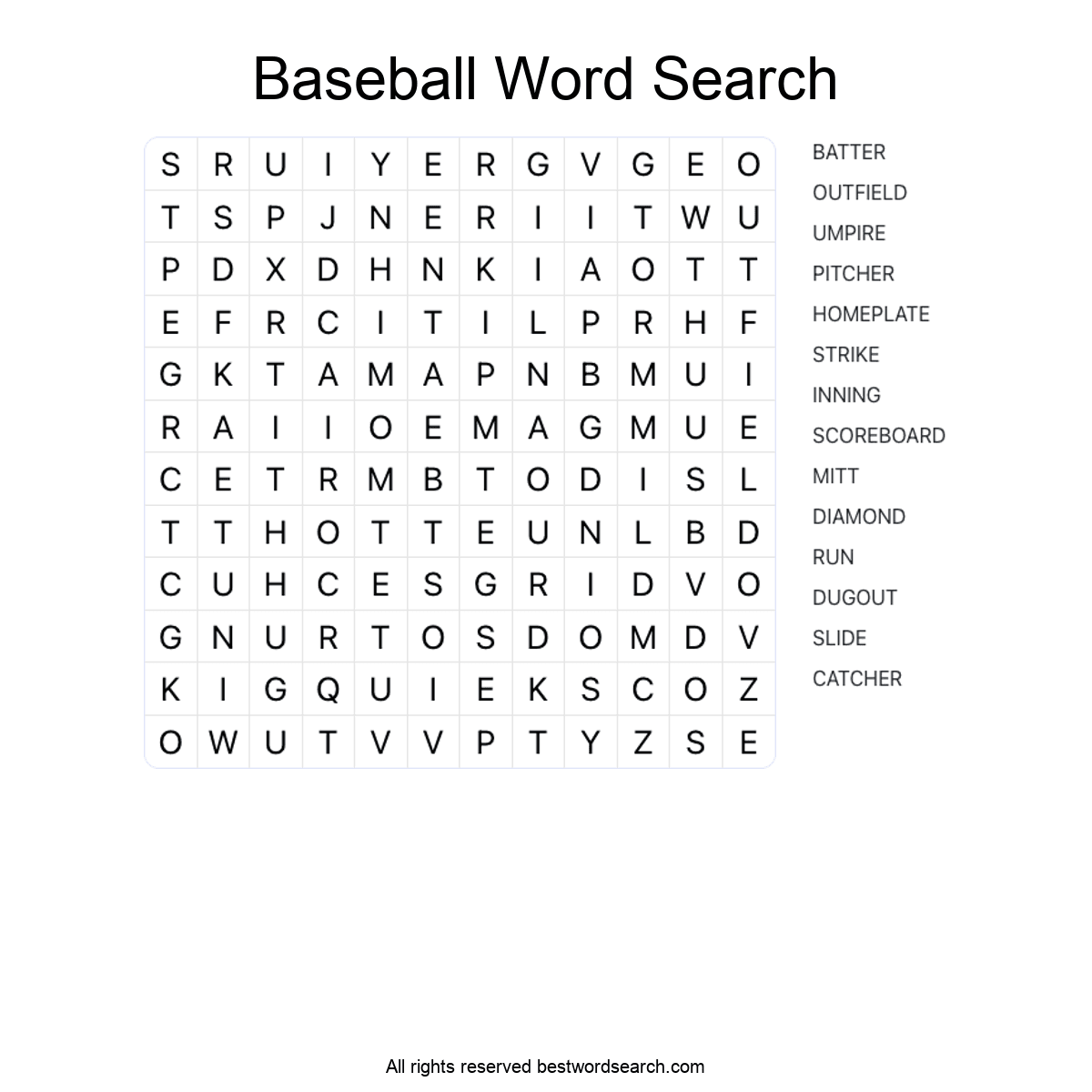 BASEBALL (SPORTS) Word Search Puzzle