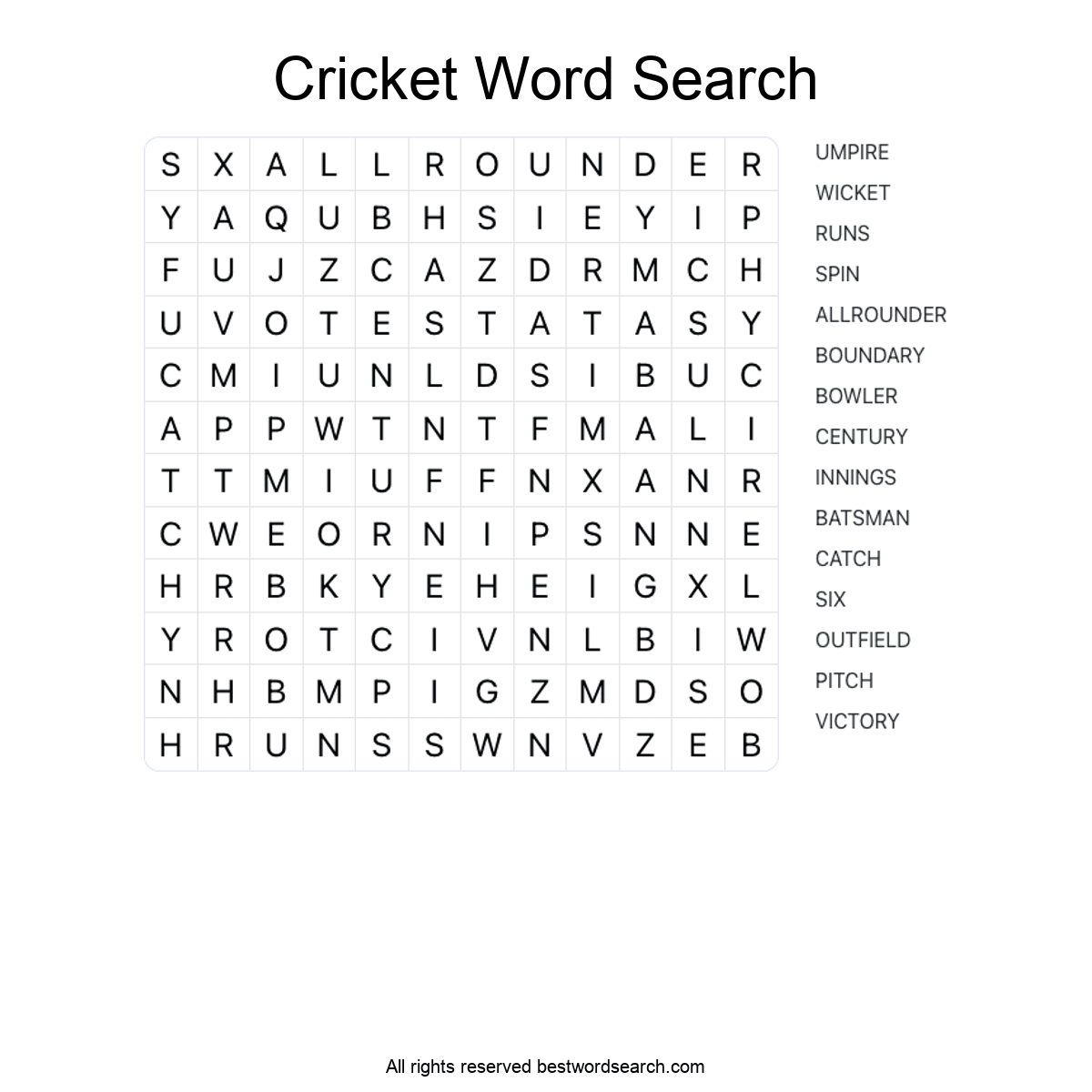 CRICKET (SPORTS) Word Search Puzzle