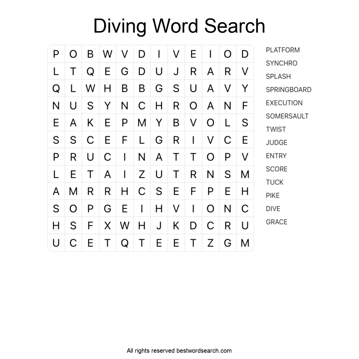 DIVING (SPORTS) Word Search Puzzle