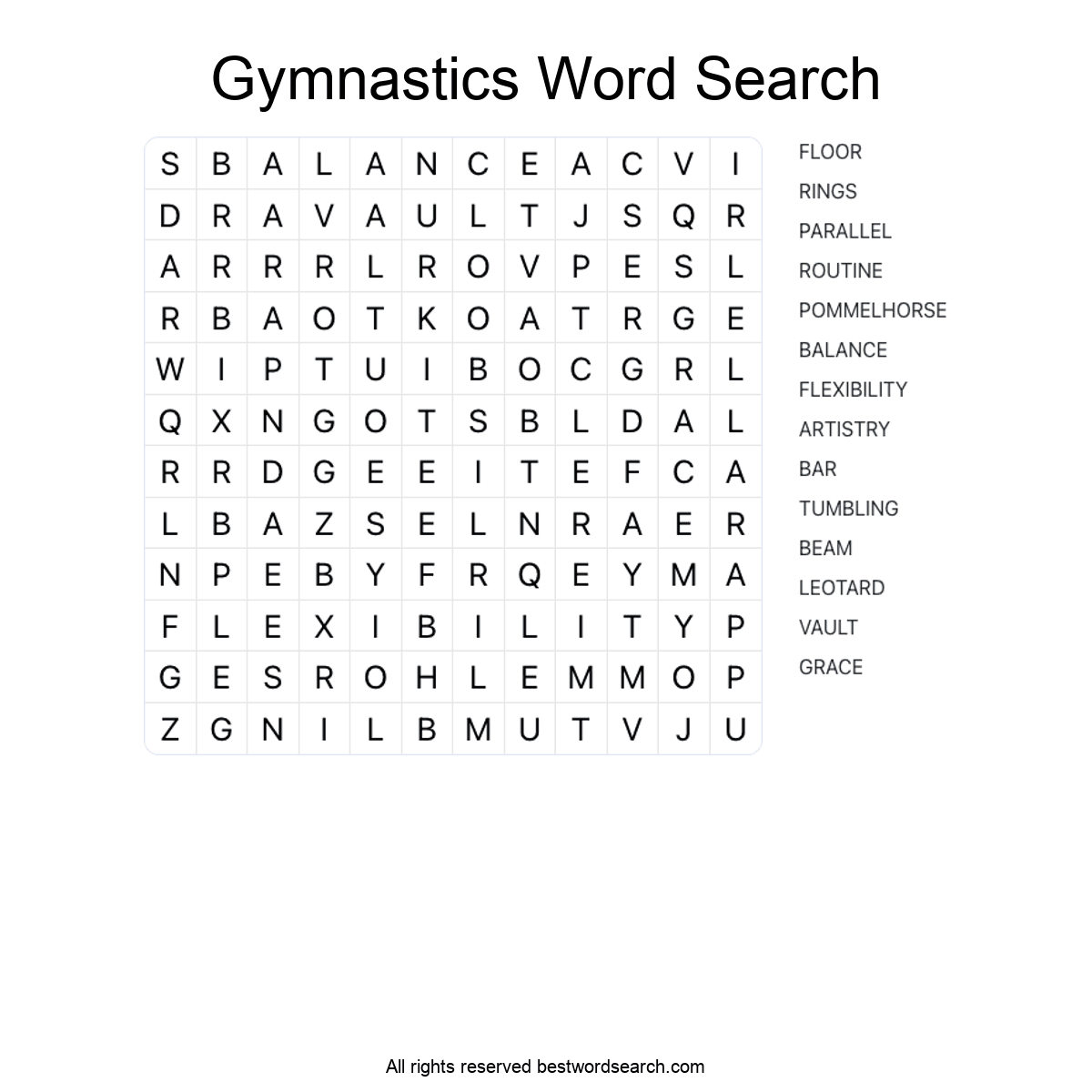 GYMNASTICS (SPORTS) Word Search Puzzle