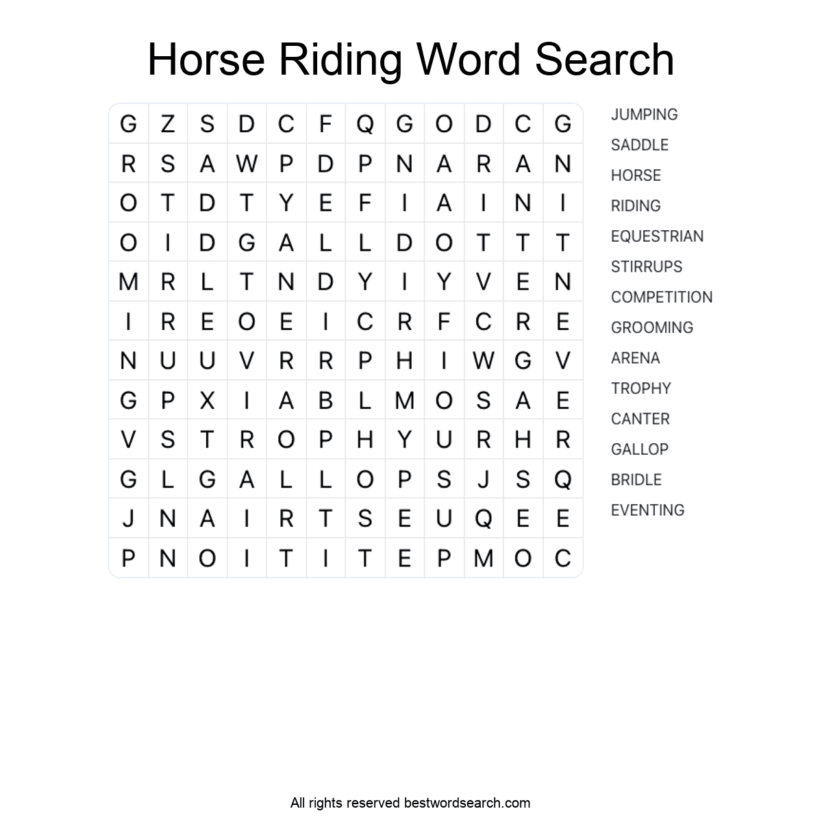 HORSE RIDING (SPORTS) Word Search Puzzle