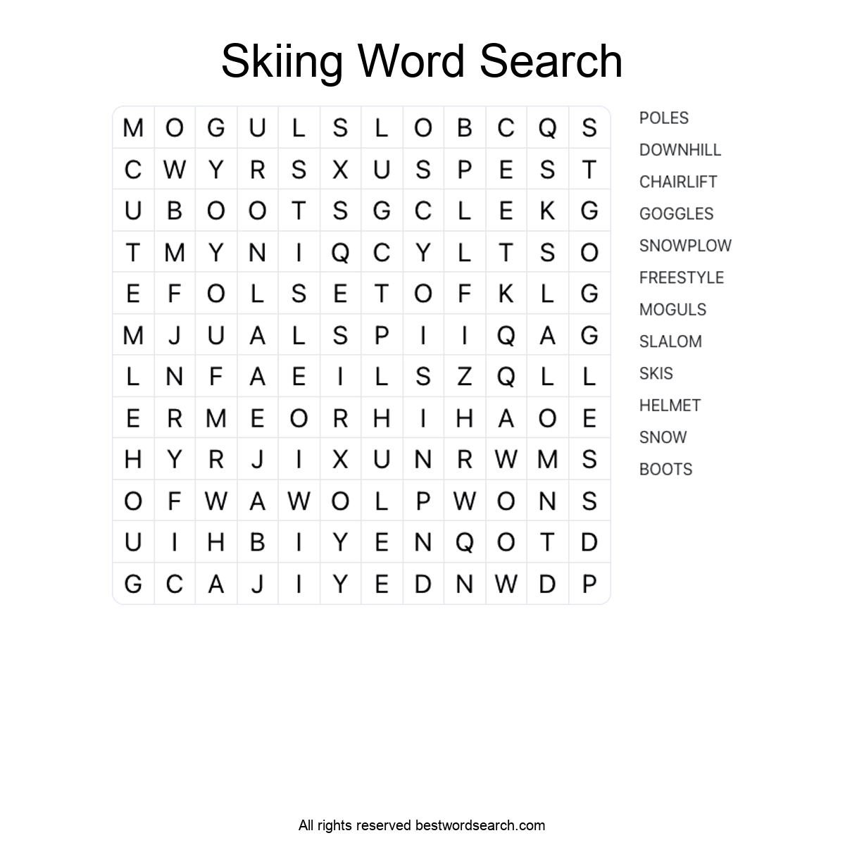 SKIING (SPORTS) Word Search Puzzle