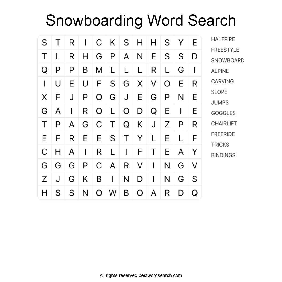 SNOWBOARDING (SPORTS) Word Search Puzzle