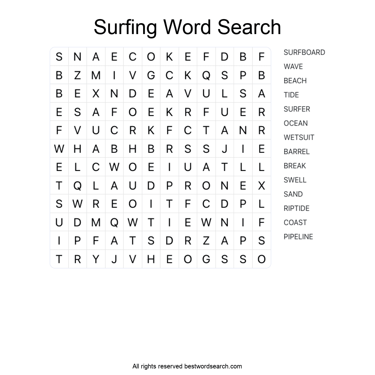 SURFING (SPORTS) Word Search Puzzle