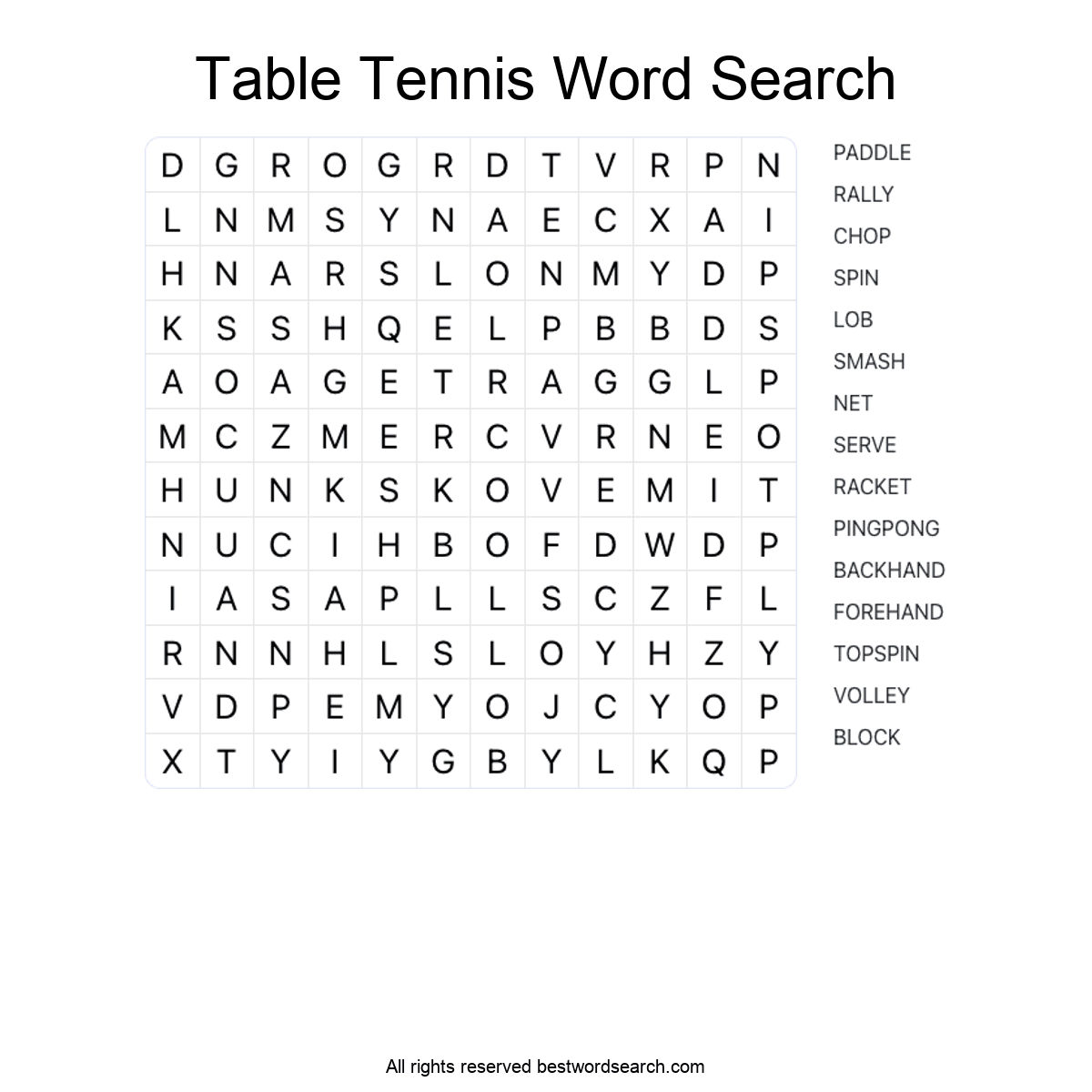 TABLE TENNIS (SPORTS) Word Search Puzzle