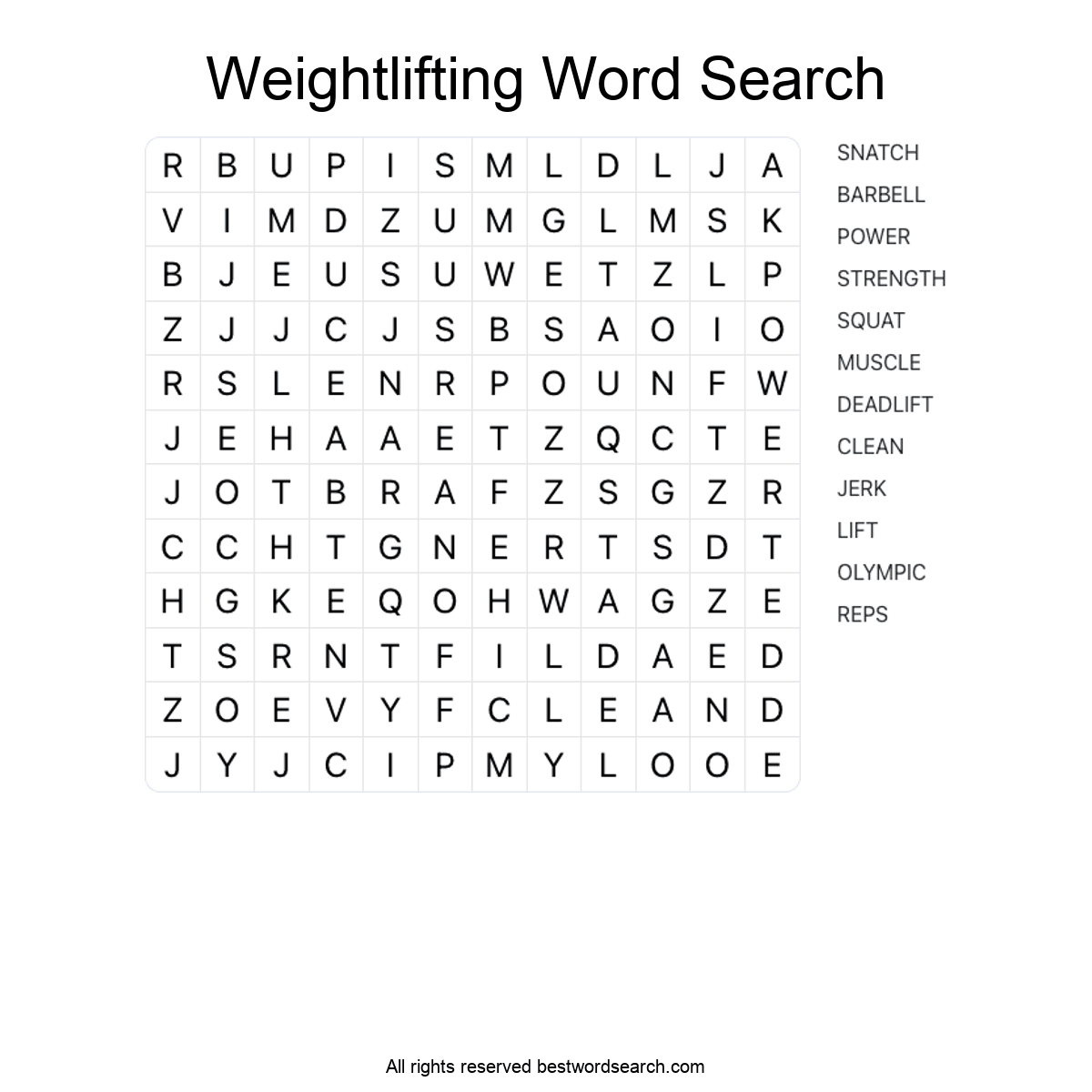 WEIGHTLIFTING (SPORTS) Word Search Puzzle