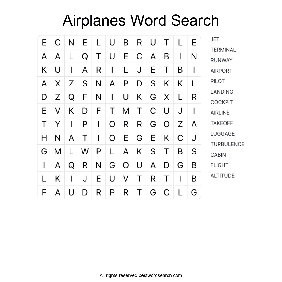 AIRPLANES (TRANSPORTATION) Word Search Puzzle