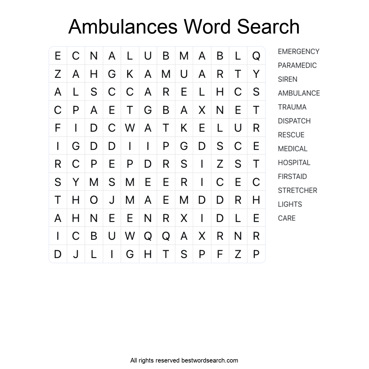 AMBULANCES (TRANSPORTATION) Word Search Puzzle