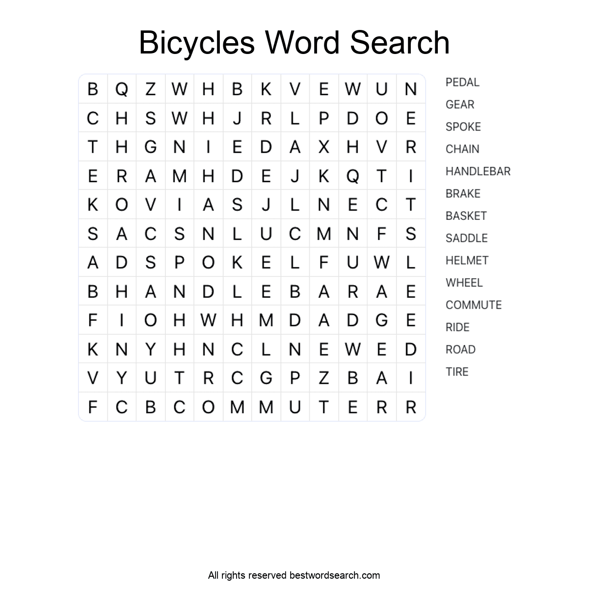 BICYCLES (TRANSPORTATION) Word Search Puzzle