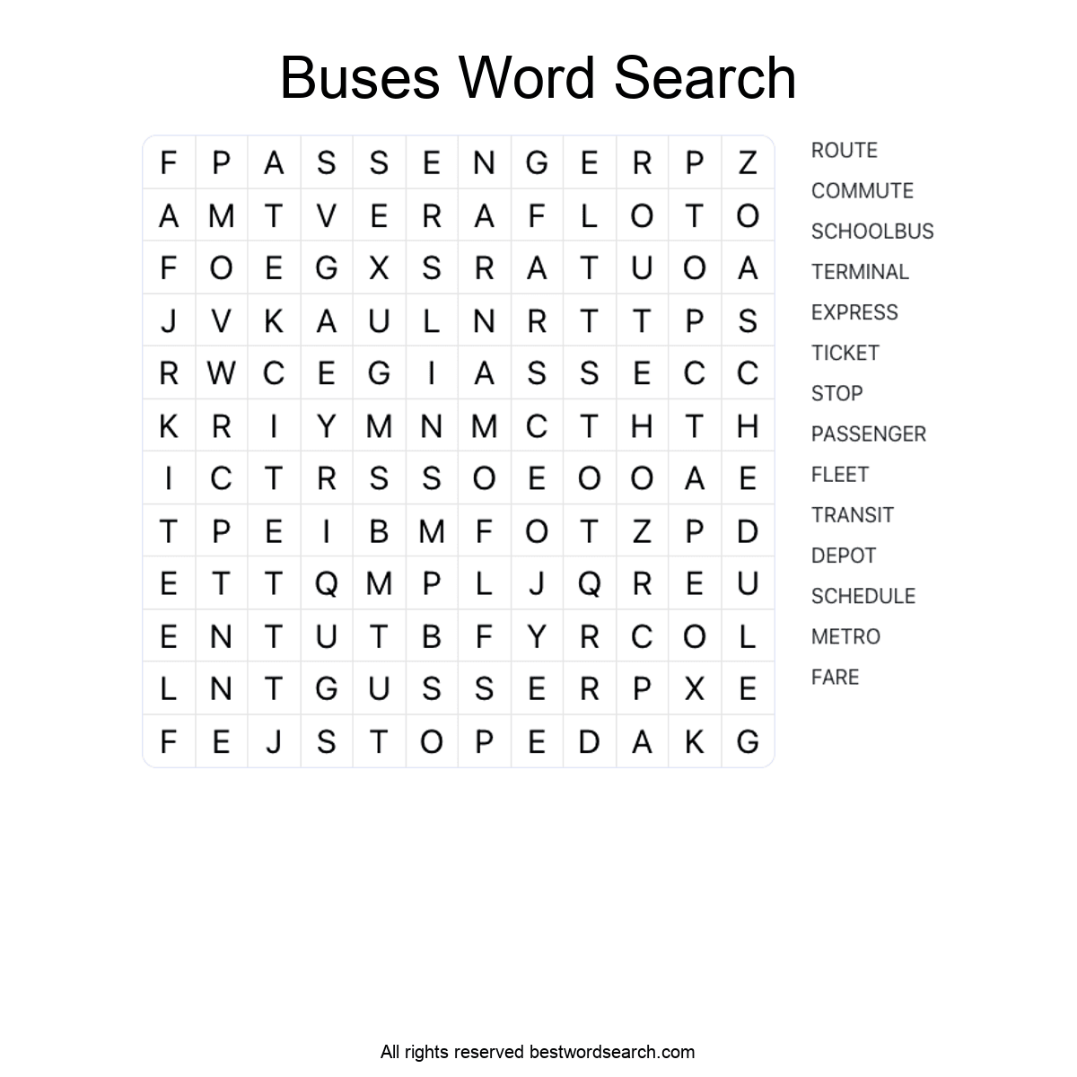 BUSES (TRANSPORTATION) Word Search Puzzle