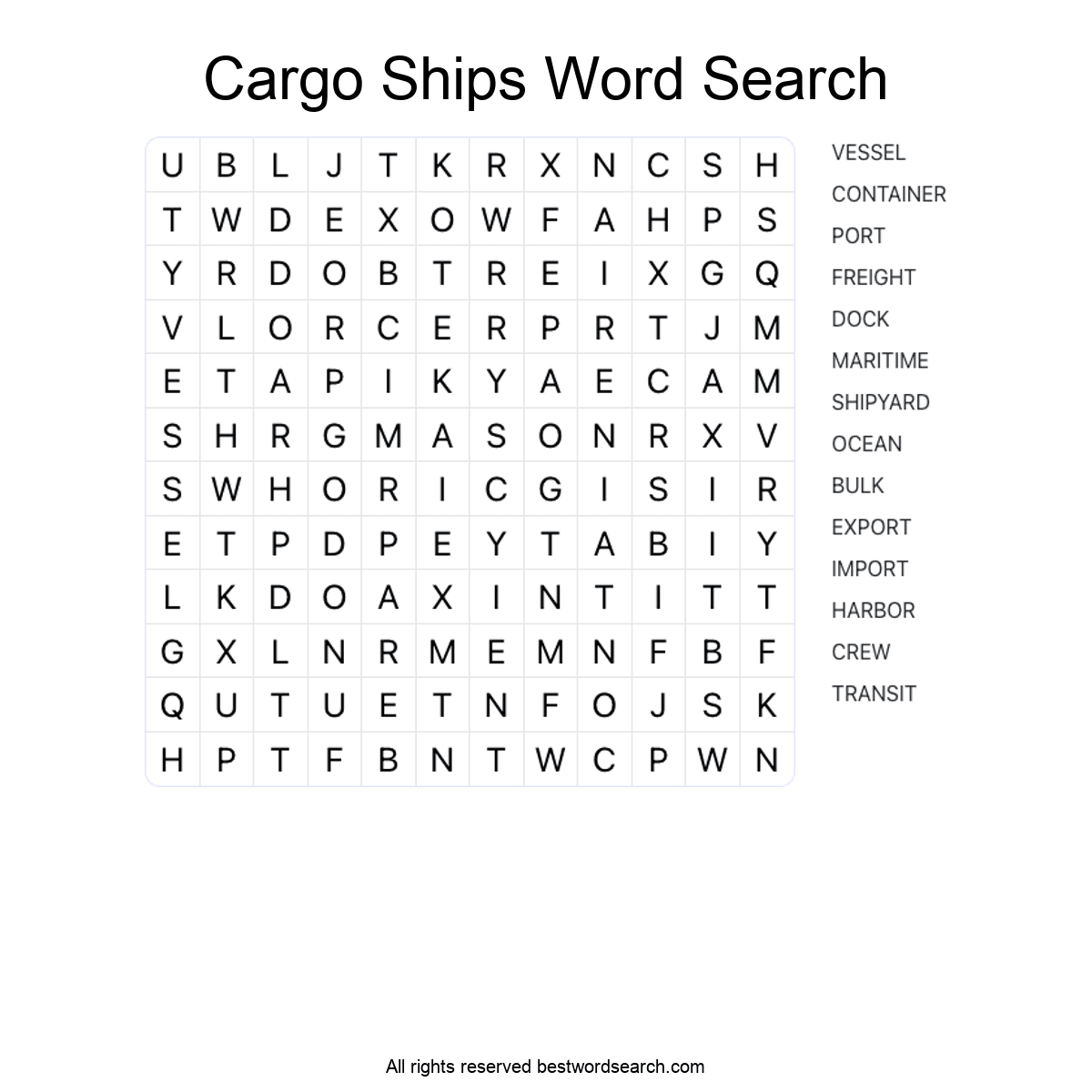 CARGO SHIPS (TRANSPORTATION) Word Search Puzzle