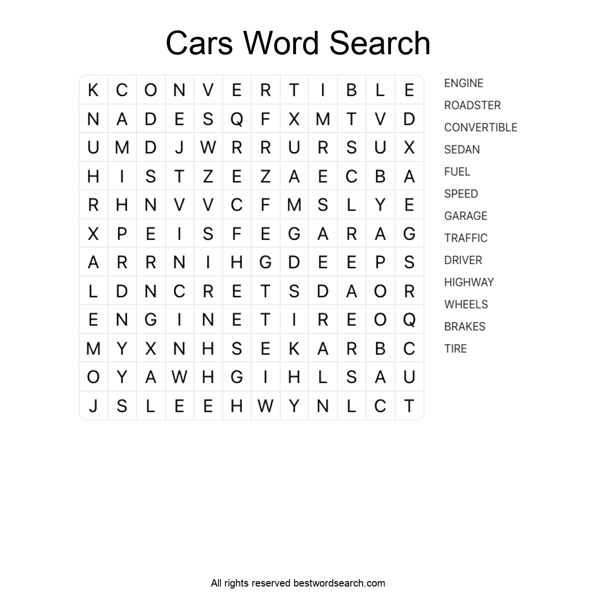 CARS (TRANSPORTATION) Word Search Puzzle