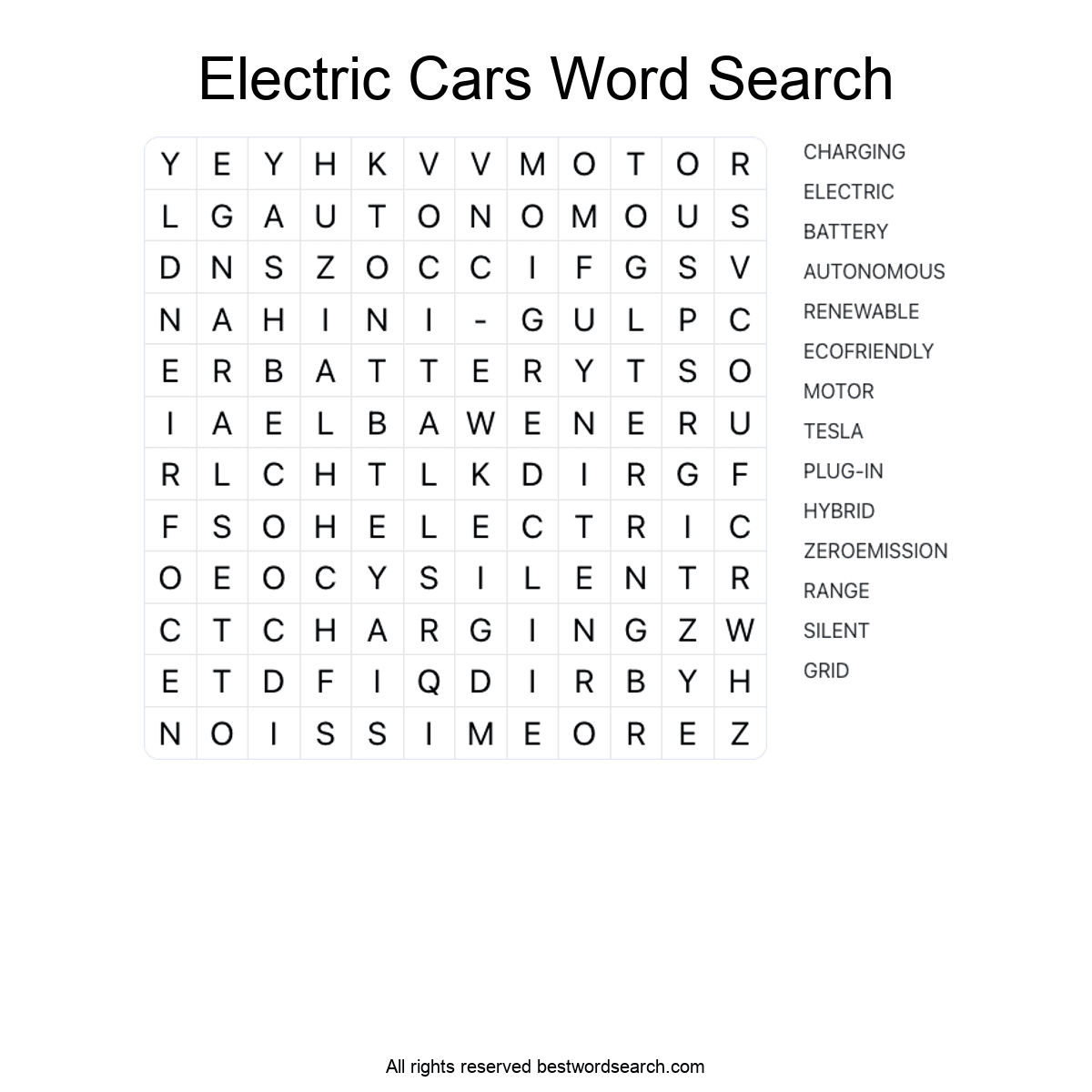 ELECTRIC CARS (TRANSPORTATION) Word Search Puzzle