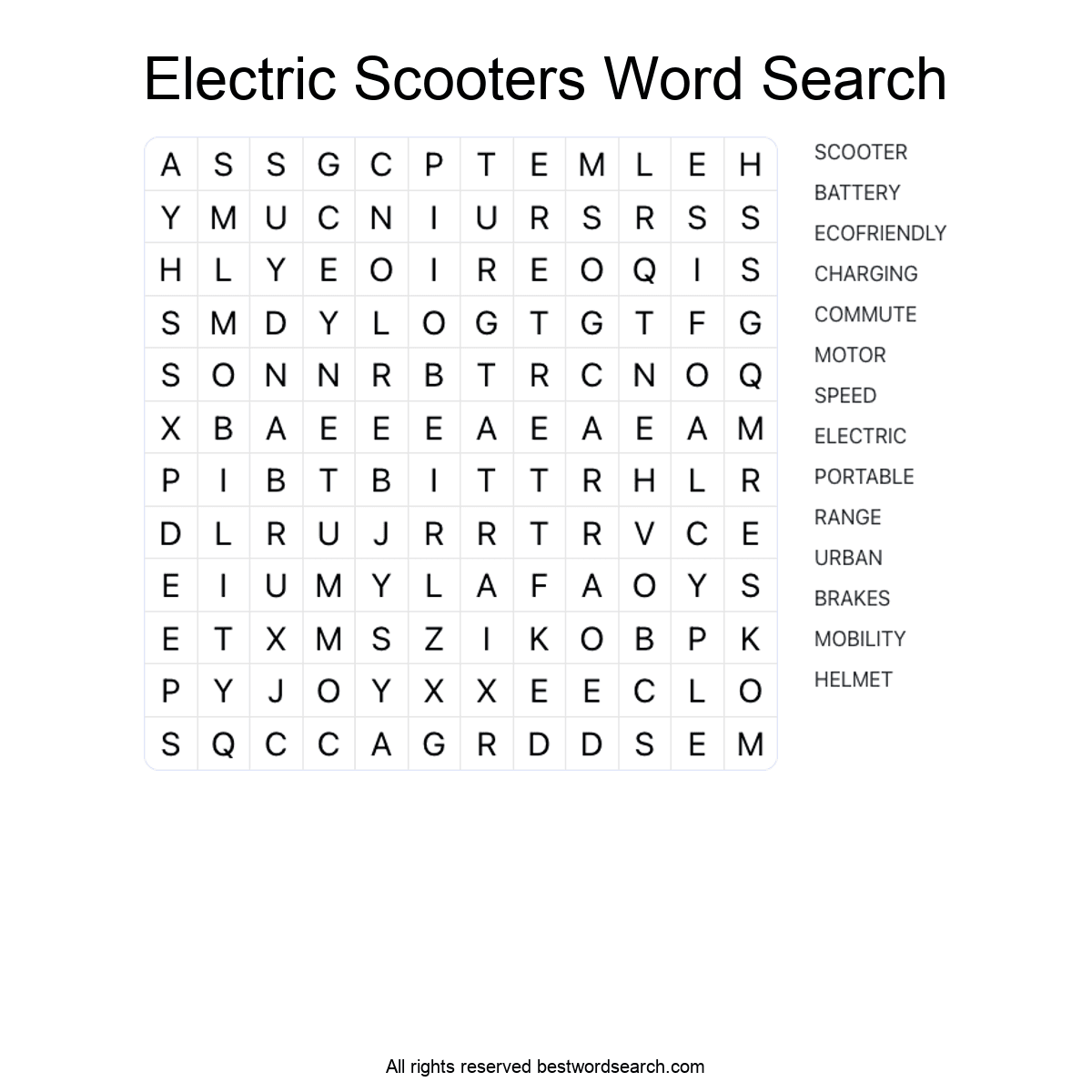 ELECTRIC SCOOTERS (TRANSPORTATION) Word Search Puzzle