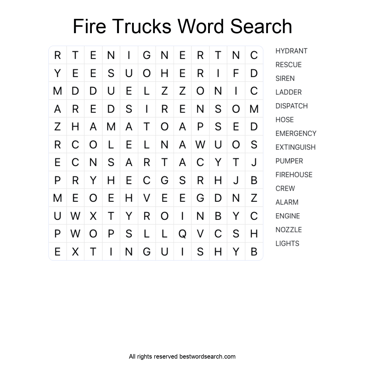 FIRE TRUCKS (TRANSPORTATION) Word Search Puzzle