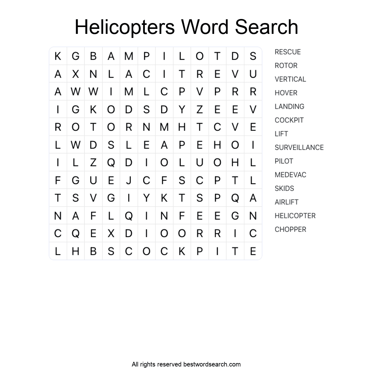 HELICOPTERS (TRANSPORTATION) Word Search Puzzle