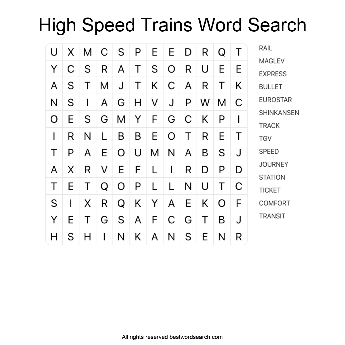 HIGH-SPEED TRAINS (TRANSPORTATION) Word Search Puzzle