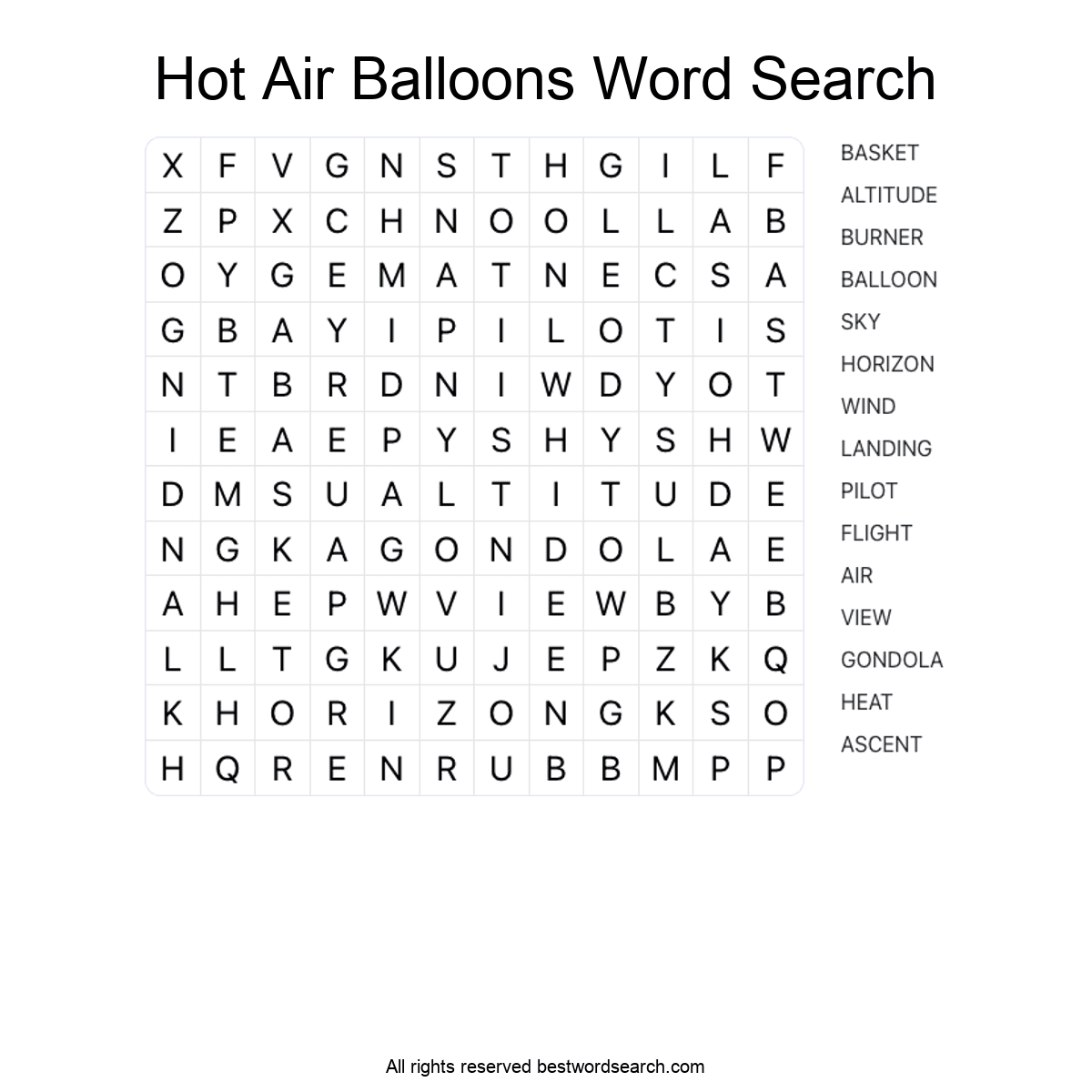 HOT AIR BALLOONS (TRANSPORTATION) Word Search Puzzle