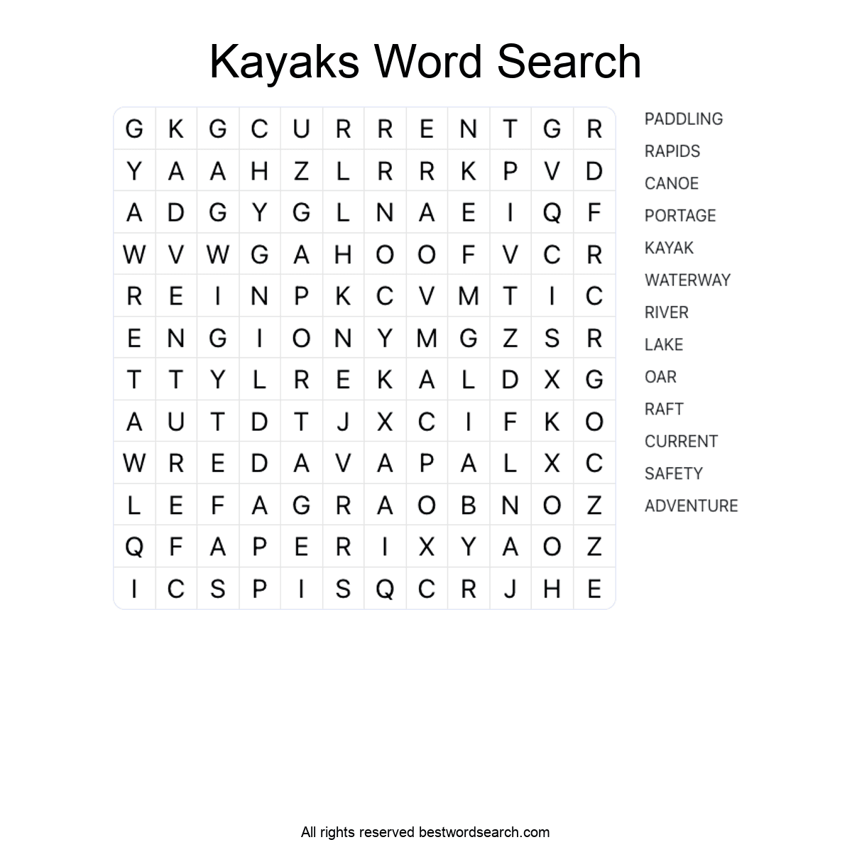 KAYAKS (TRANSPORTATION) Word Search Puzzle