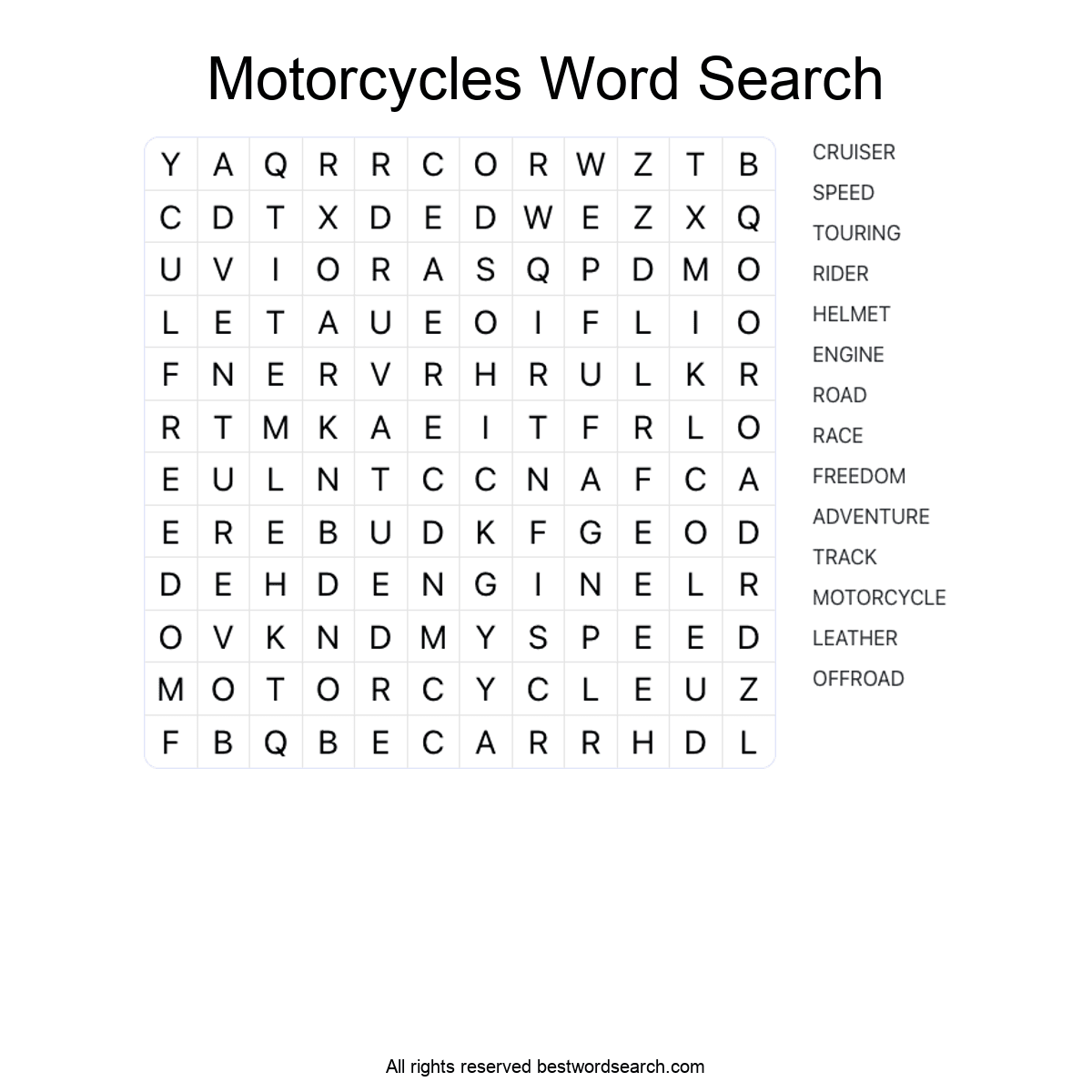 MOTORCYCLES (TRANSPORTATION) Word Search Puzzle