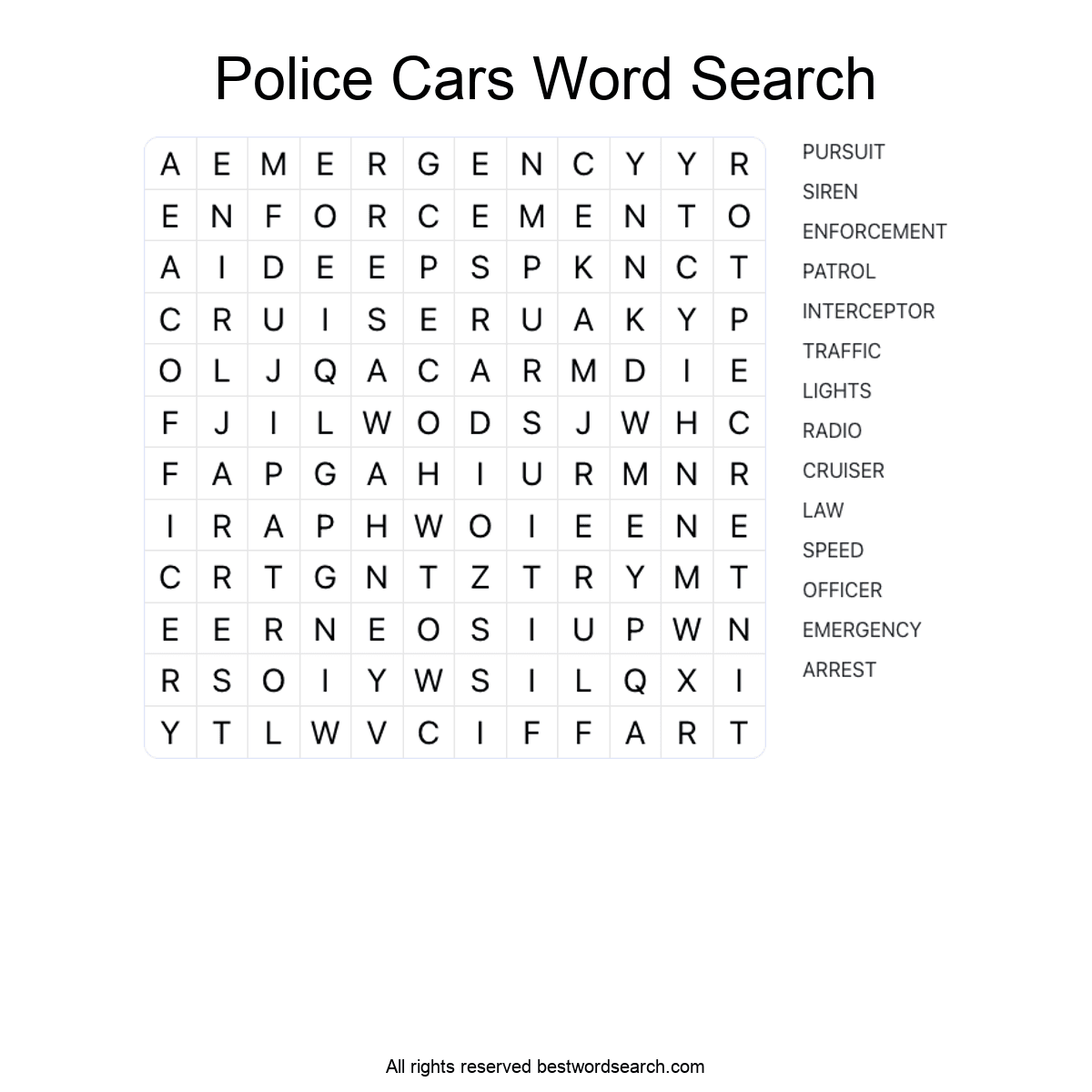 POLICE CARS (TRANSPORTATION) Word Search Puzzle