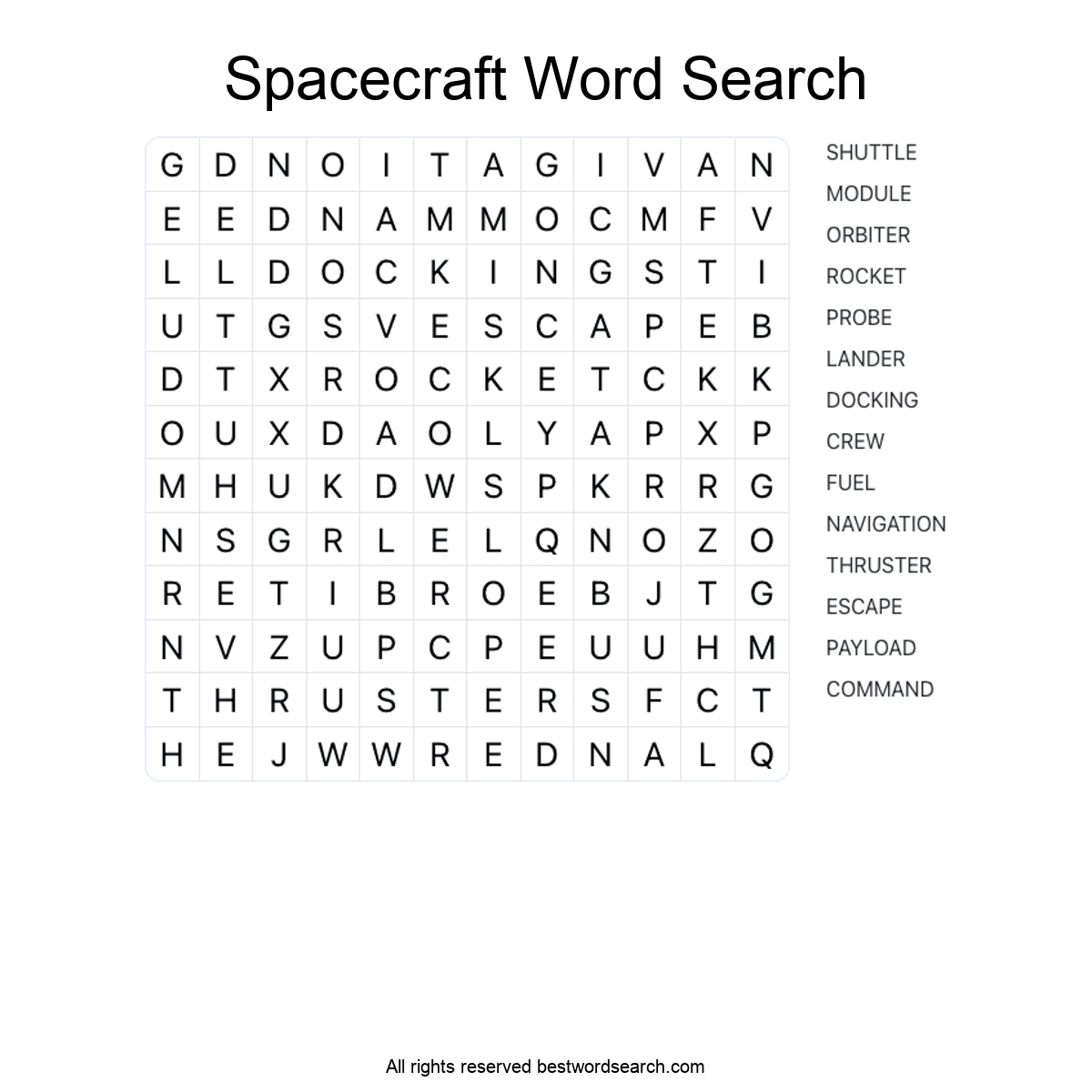 SPACECRAFT (TRANSPORTATION) Word Search Puzzle