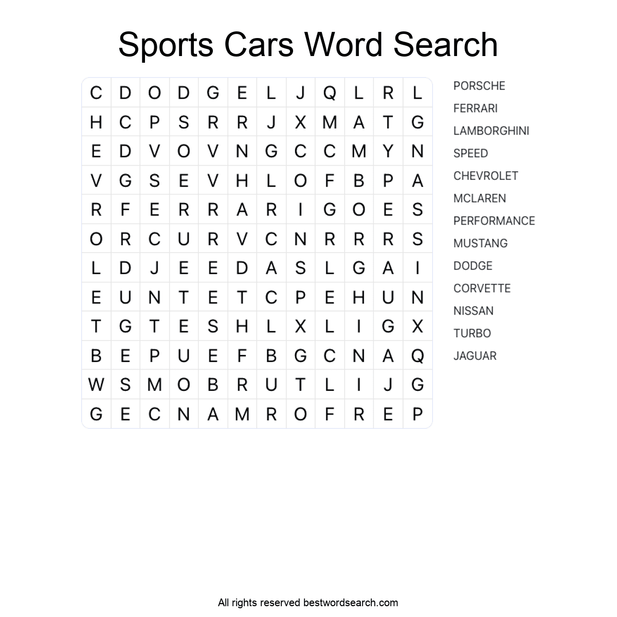 SPORTS CARS (TRANSPORTATION) Word Search Puzzle