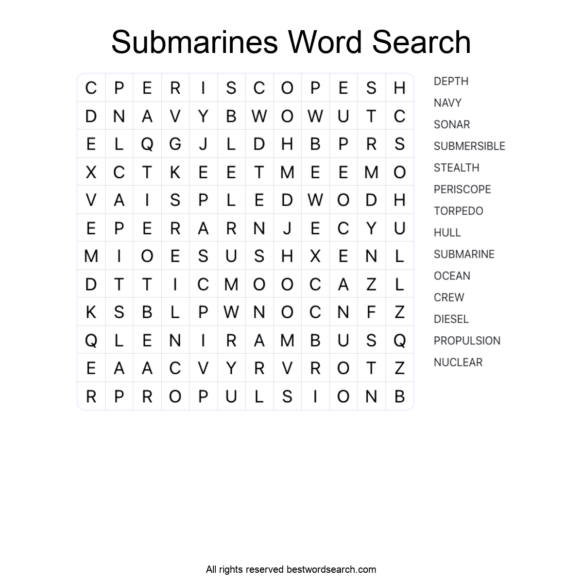 SUBMARINES (TRANSPORTATION) Word Search Puzzle