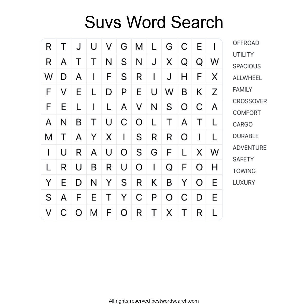 SUVS (TRANSPORTATION) Word Search Puzzle