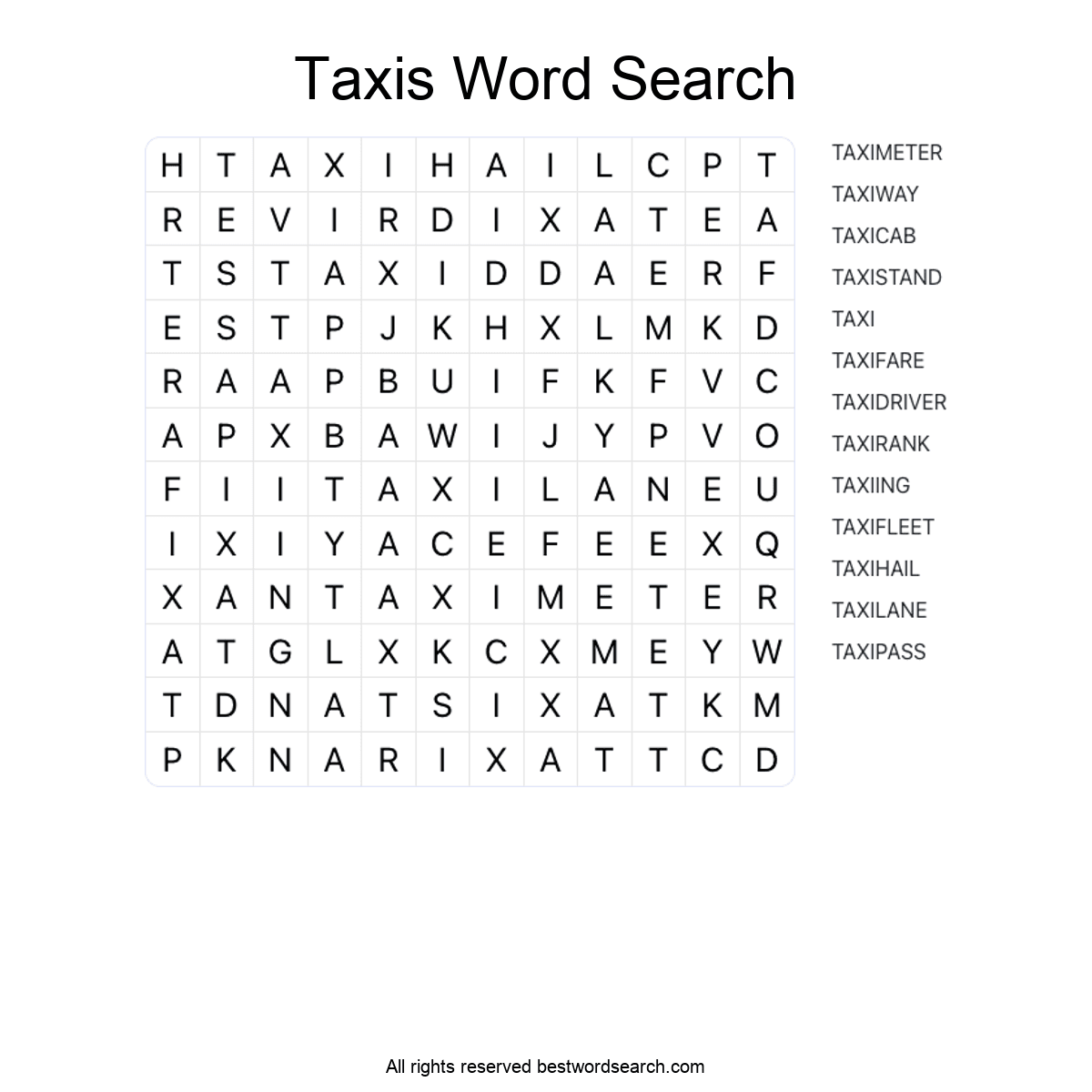 TAXIS (TRANSPORTATION) Word Search Puzzle