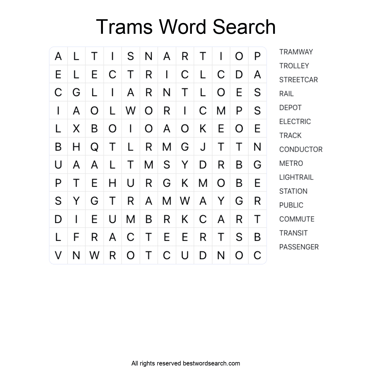 TRAMS (TRANSPORTATION) Word Search Puzzle