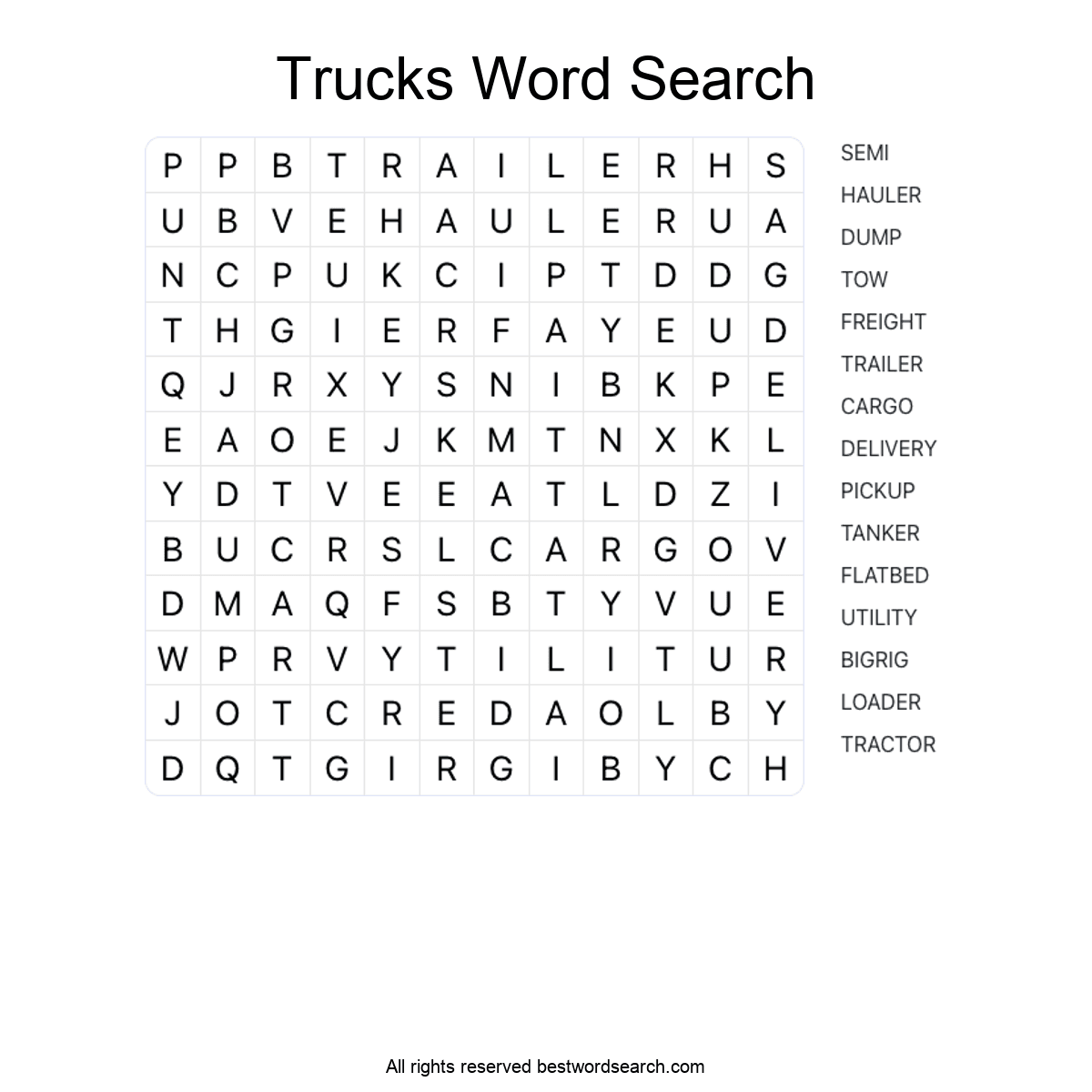 TRUCKS (TRANSPORTATION) Word Search Puzzle