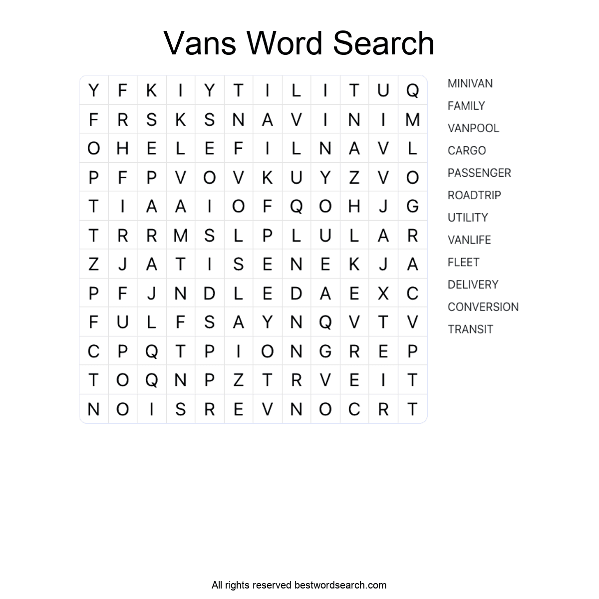 VANS (TRANSPORTATION) Word Search Puzzle