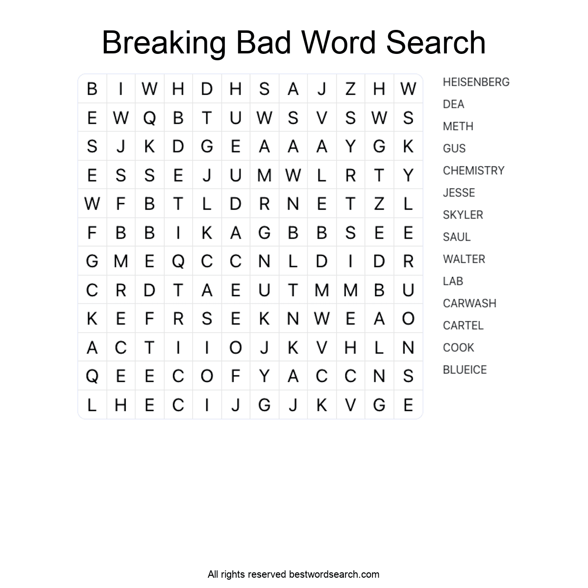 BREAKING BAD (TV SERIES) Word Search Puzzle