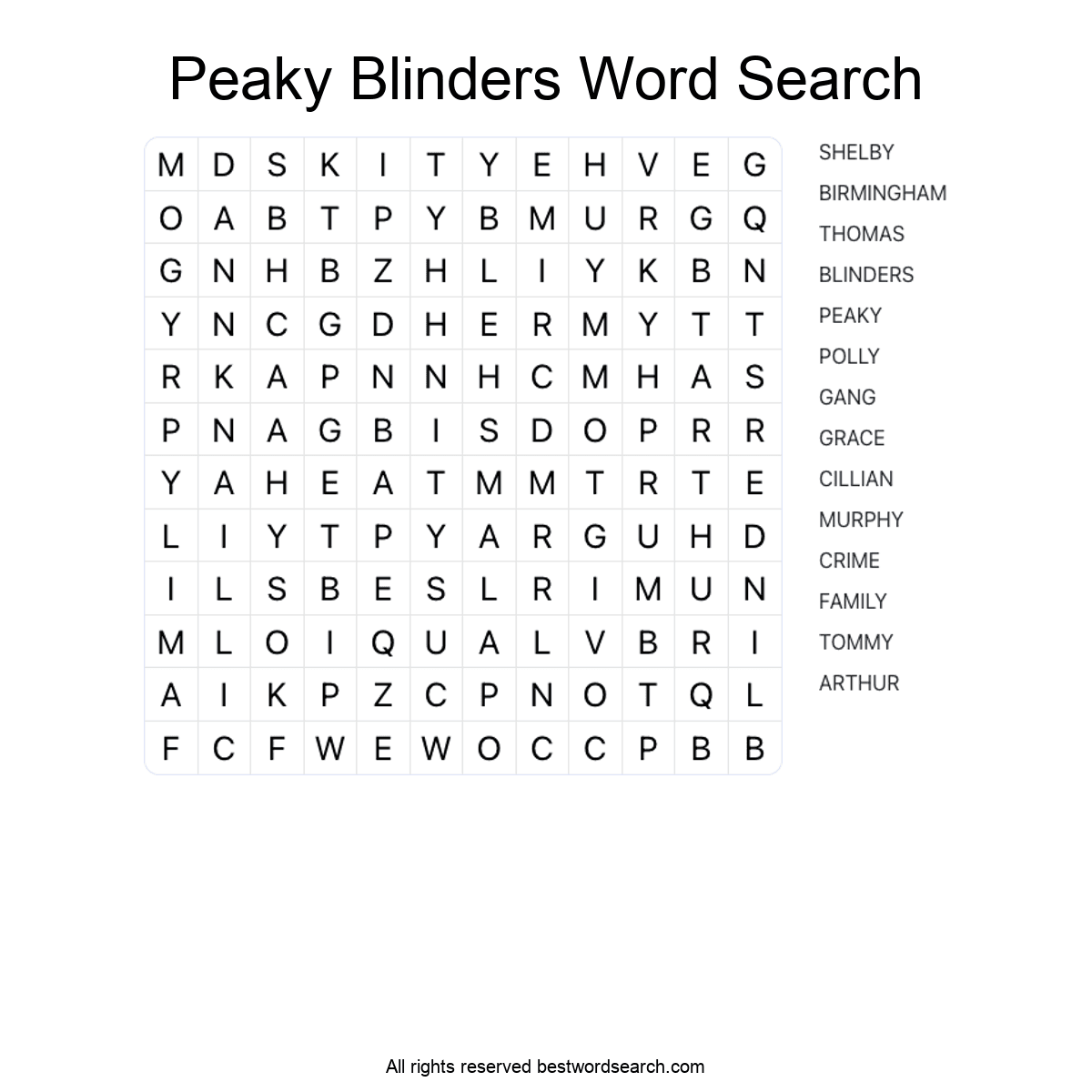 PEAKY BLINDERS (TV SERIES) Word Search Puzzle