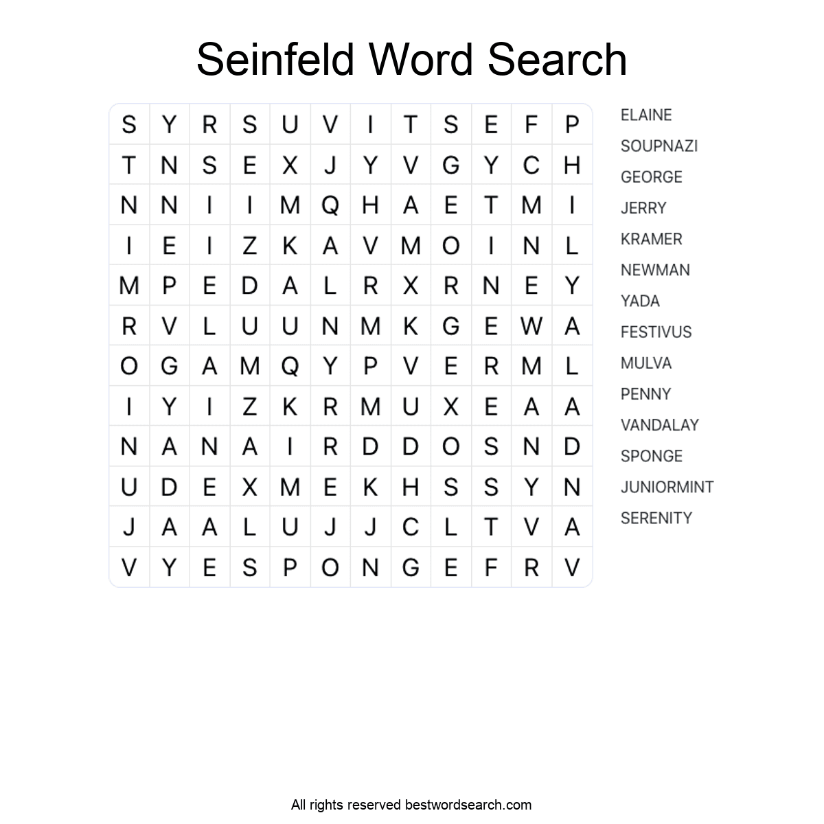 SEINFELD (TV SERIES) Word Search Puzzle