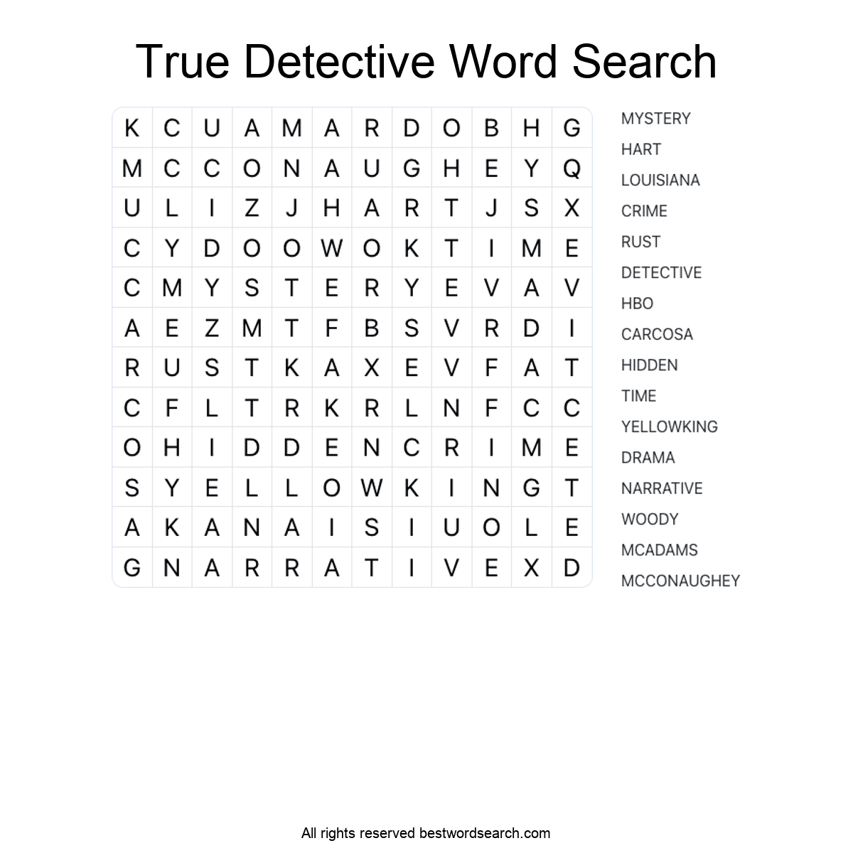 TRUE DETECTIVE (TV SERIES) Word Search Puzzle