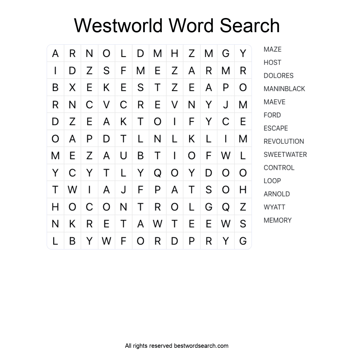 WESTWORLD (TV SERIES) Word Search Puzzle