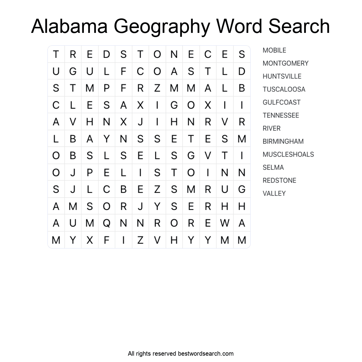 ALABAMA GEOGRAPHY (US STATES) Word Search Puzzle