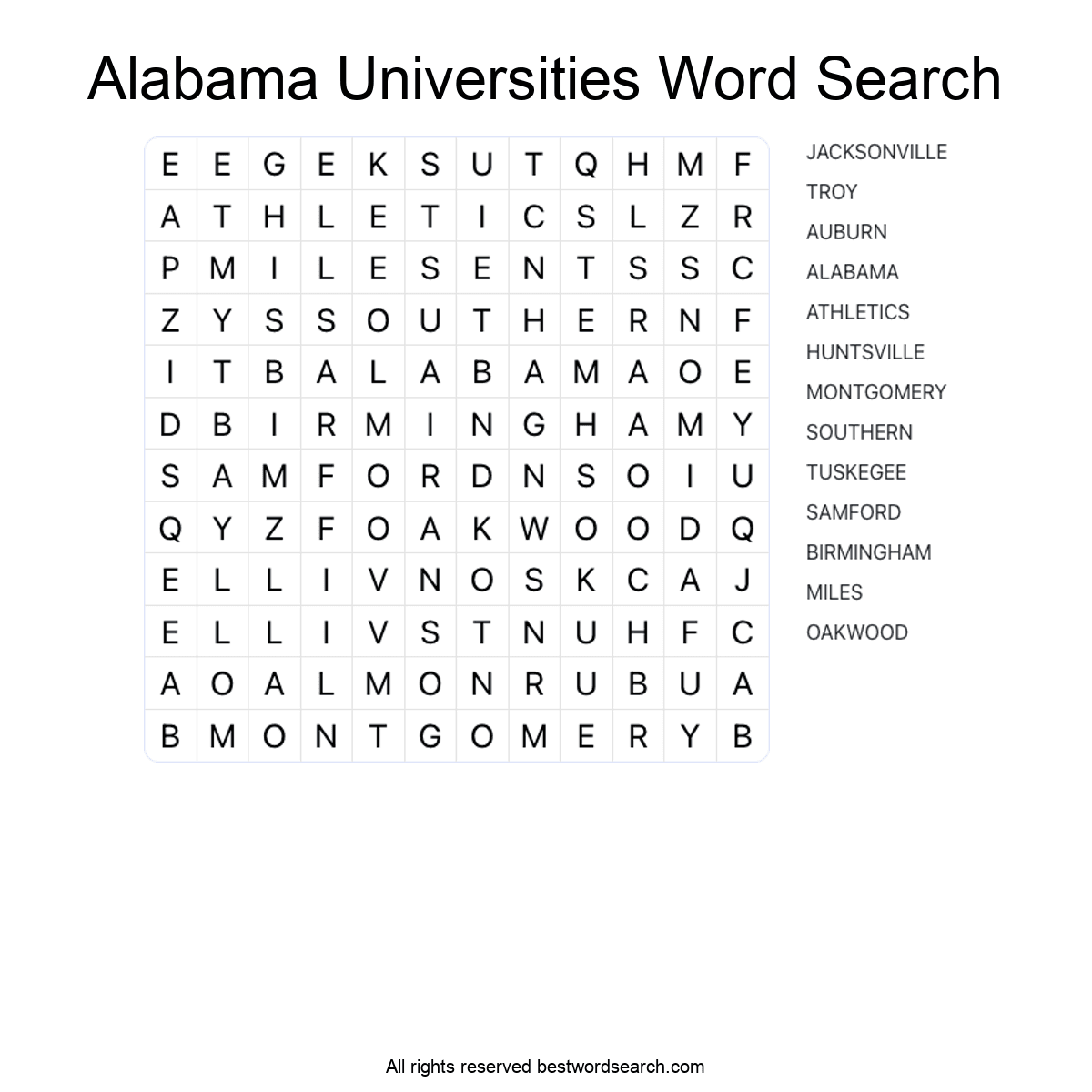 ALABAMA UNIVERSITIES (US STATES) Word Search Puzzle