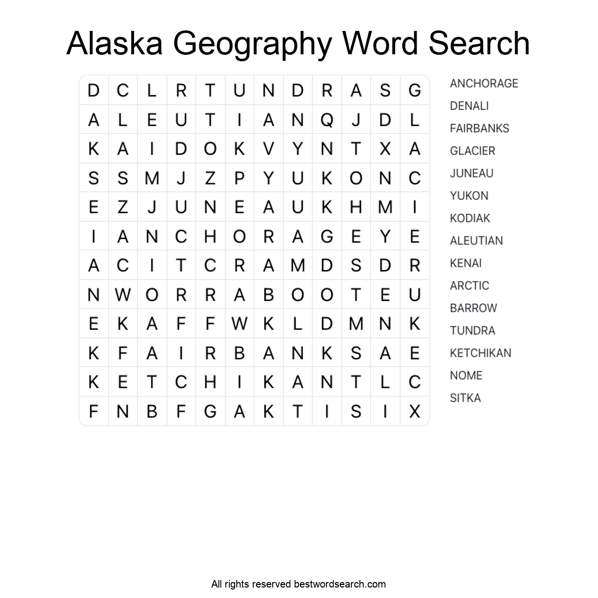 ALASKA GEOGRAPHY (US STATES) Word Search Puzzle