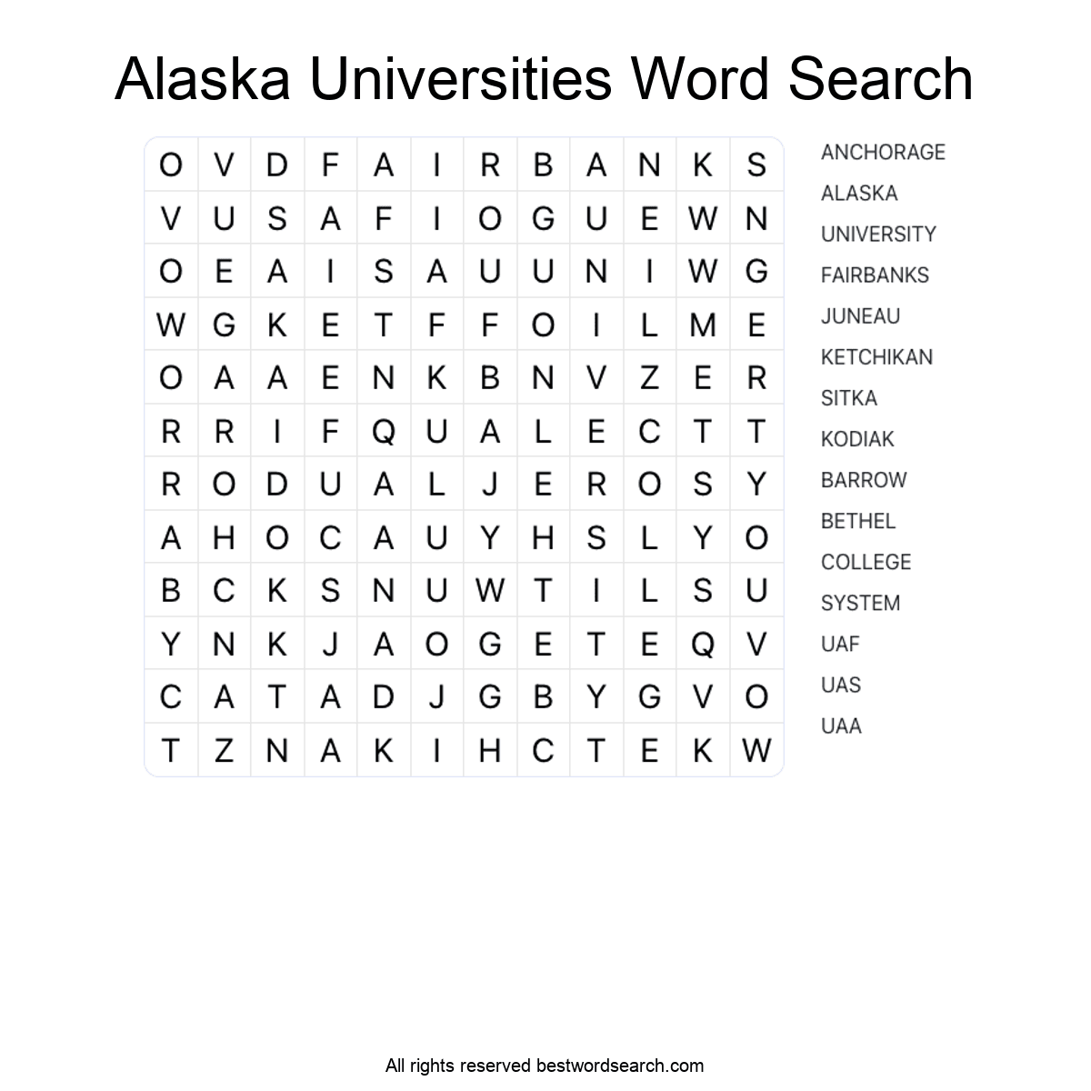 ALASKA UNIVERSITIES (US STATES) Word Search Puzzle