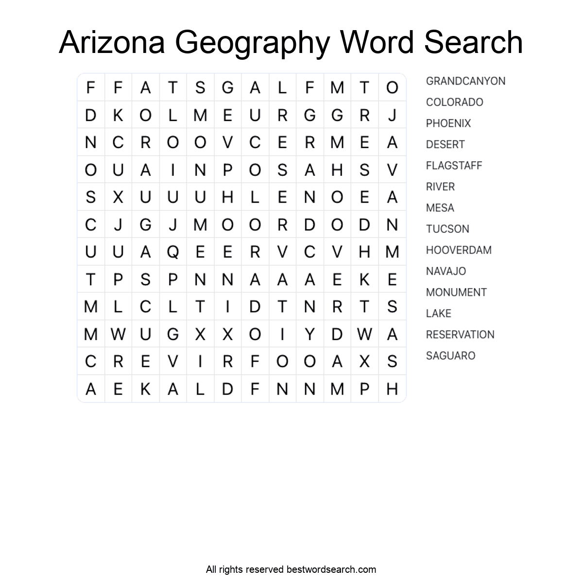 ARIZONA GEOGRAPHY (US STATES) Word Search Puzzle