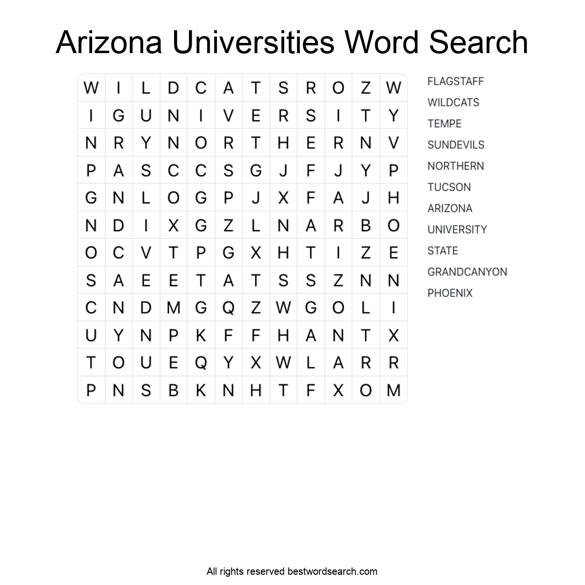 ARIZONA UNIVERSITIES (US STATES) Word Search Puzzle