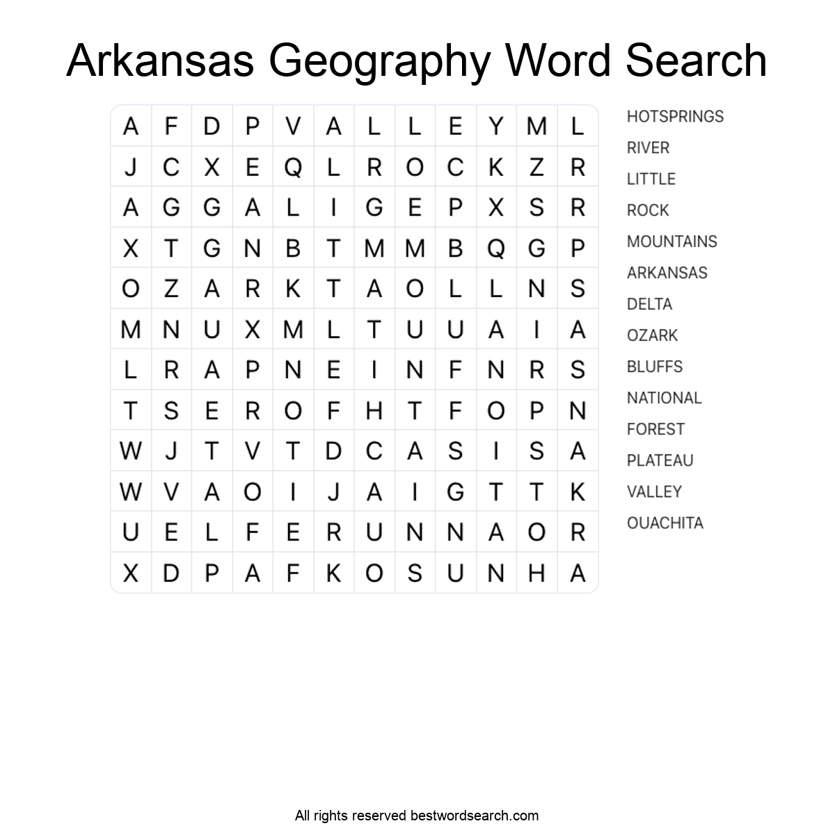 ARKANSAS GEOGRAPHY (US STATES) Word Search Puzzle